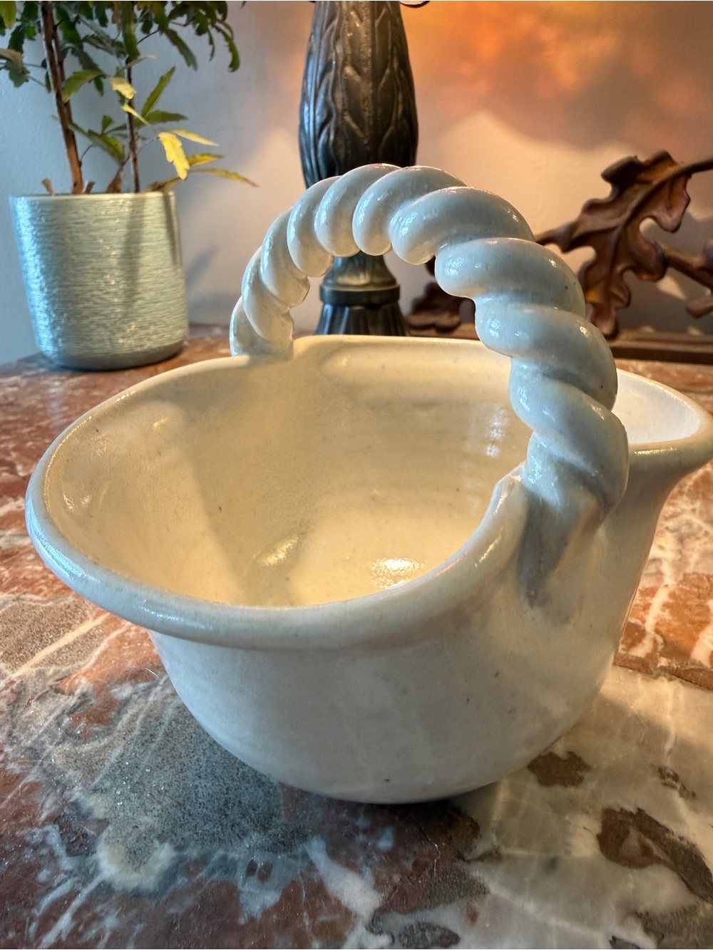 Handmade Pottery Rope-Handled Small Decorative Bowl - Creamy White